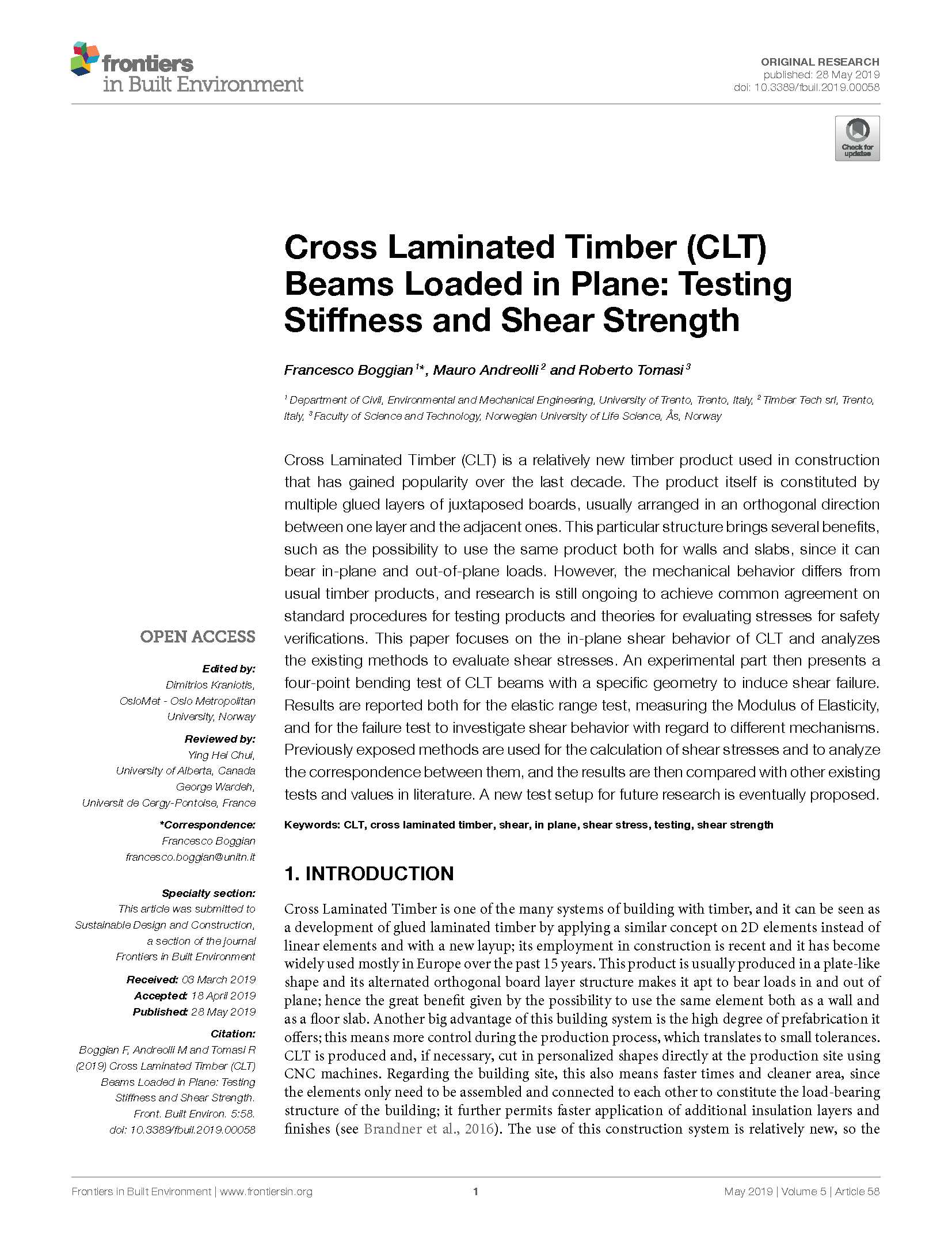 Cross Laminated Timber (CLT) Beams Loaded in Plane_ Testing Stiffness and Shear Strength